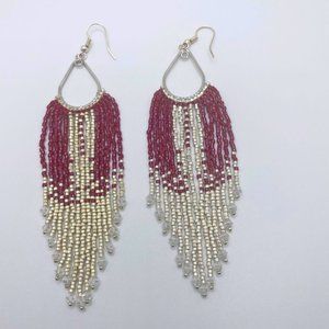 Silver and Cranberry Beaded Dangle Earrings with Crystal tips